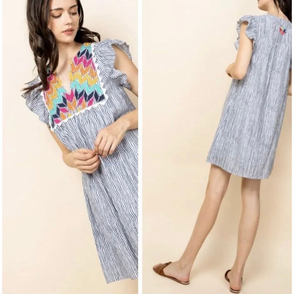 THML Blue and White Stripe Embroidered Dress